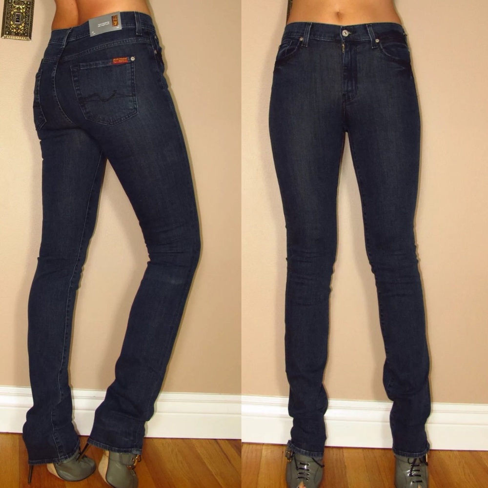 🆕 7 For All Mankind Jeans High Waist Straight Leg Dark Wash Stretch Denim 24 25